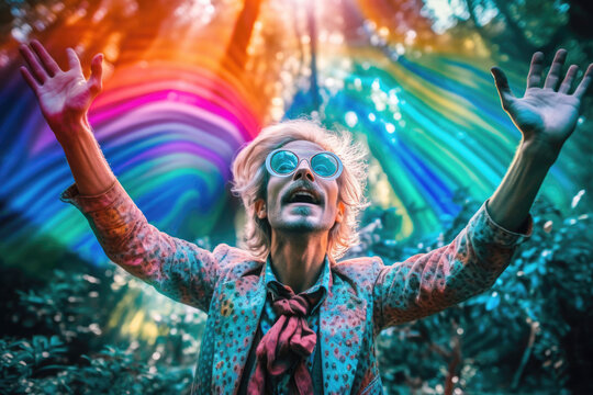 Mature man having a spiritual psychedelic acid experience. Generative AI