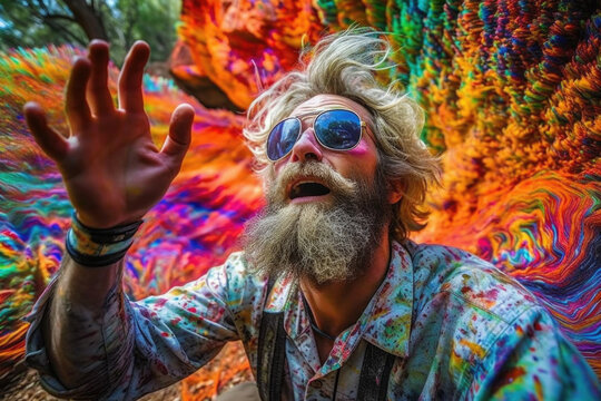 Hippie mature man having a spiritual psychedelic acid experience. Generative AI