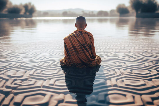 Monk meditating on water with concrete pattern under him. Generative AI.
