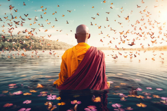 Monk meditating on water with butterflies flying around him.  pattern. Generative AI.