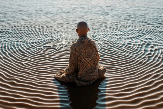 Monk meditating on water with ripple mandala under him. Generative AI.