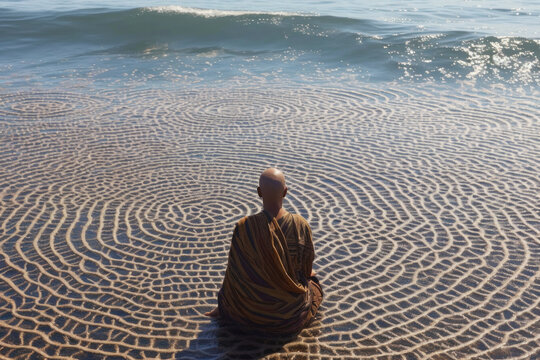 Monk meditating on ocean water with mandala under him. Generative AI.