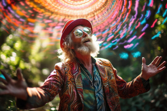 Hippie senior man having a spiritual psychedelic acid experience. Generative AI