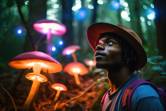 Black man having a psychedelic mushroom experience. Generative AI