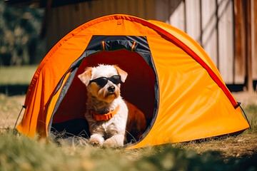 dog wearing sunglasses sitting inside orange camping tent, generative ai - obrazy, fototapety, plakaty