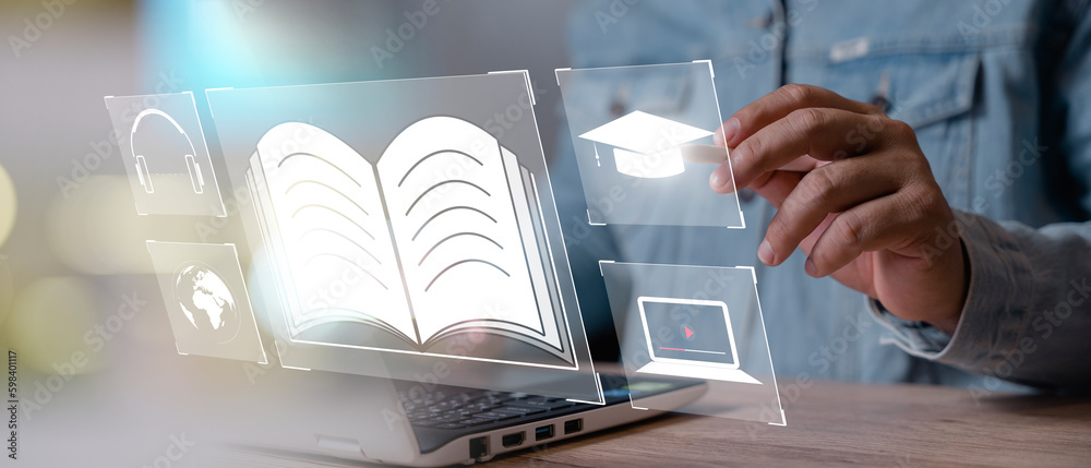 Aufkleber education distance e-learning online learning personal development concept. training webinar e-learn