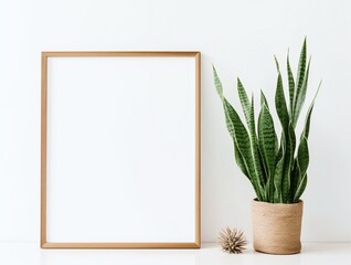 White frame mockup with sansevieria plant in a pot on white background