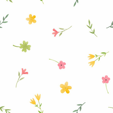 Beautiful children's seamless pattern with hand drawn watercolor cute flowers. Stock illustration.