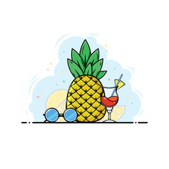 Tropical fruit still life. Pineapple, sunglasses and cocktail illustration.
