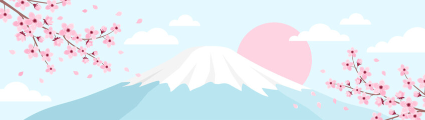 Landscape with pink cherry blossom, a mountain with a snowy peak and the sun. Banner with sakura branches and Mount Fuji. Vector illustration in flat style