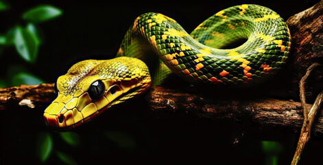 Fototapeta premium green and yellow snake hanging from a rattan branch, close up, generative ai