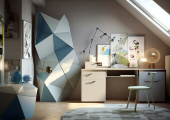 Modern boy's children's room and the necessary accessories. Real boy's room or teenage children's room and its everyday objects. Modern design. AI generated illustration.