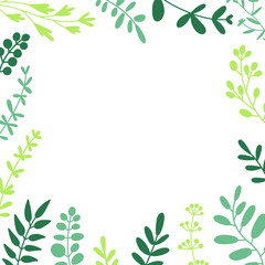 Fototapeta premium Herbal twigs and leaves border square frame. Vector flat illustration on white background.