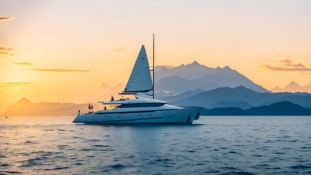 luxury yacht sailing in the middle of the sea beside an island and mountains in the horizon at sunset as wide banner with copyspace area for text. (Generative AI)