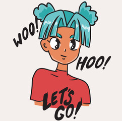 card, Anime Girl illustration with slogan.  Vector graphic design for t-shirt. Cute girl drawing