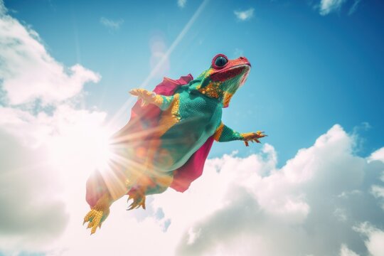 A lizard or gecko dressed as a superhero flies through the air. AI generative image.