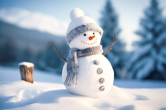Winter scenery with snowman in snowdrift. Merry Christmas and Happy New Year greeting card. Generative AI.