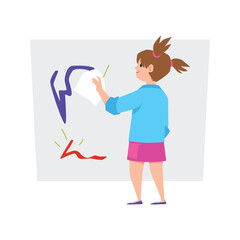 Funny kid girl standing and erasing drawing from large canvas flat style
