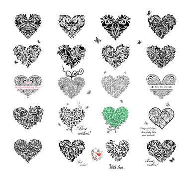 Black decorative, floral and vintage hearts shape collection for ceremony invitation, wedding and birthday greeting, noble sign isolated on white background. Part 3 of hearts huge set