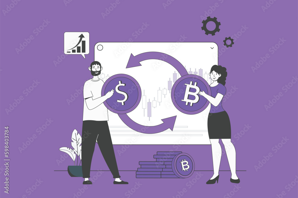 Poster cryptocurrency web concept with character scene in flat design. people making online transactions an