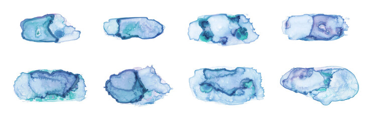 collection of blue splashes of paint, brush strokes on transparent background, extracted, isolated, png file
