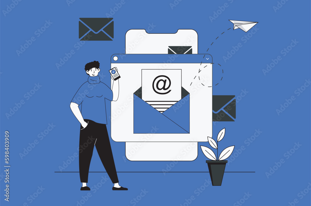 Aufkleber email web concept with character scene in flat design. people sending new letters from mailbox, usin