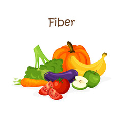 Fiber rich food. Healthy nutrition and wholesome products. Fruits, vegetables. Vector illustration in trendy flat style isolated on white background.