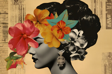 Collage with woman head and flowers, caribbean style vintage collage. Generative AI.