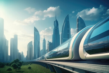 Obraz na płótnie Canvas Futuristic public transport. Modern high speed train in city. Technological transport in the future. Created with Generative AI