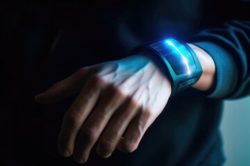 Futuristic smart device with glowing hologram display on human hand. Virtual reality technology in real life. Created with Generative AI