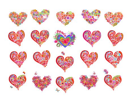 Hearts shape collection for hippie design with colorful flower-power, dove, peace, love, joy word, rainbow, fly agaric. Part 6 of hearts huge set
