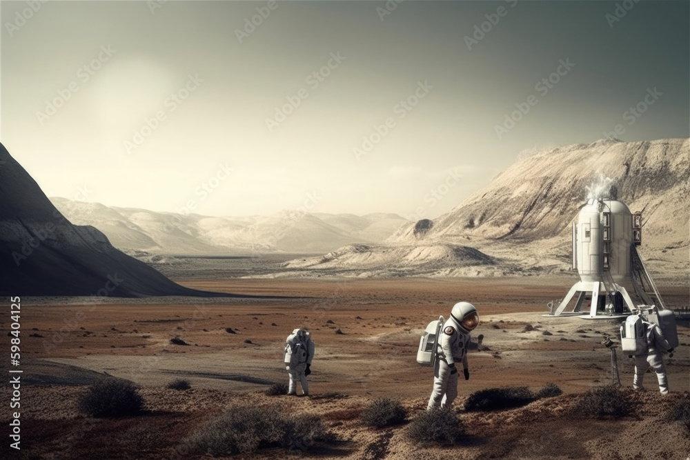 Poster astronauts wearing space suits walking on red planet, standing near base for colonization. martian c