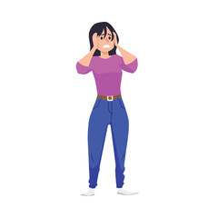Fototapeta premium Worried furious woman clutching her head with her hands, flat vector isolated.