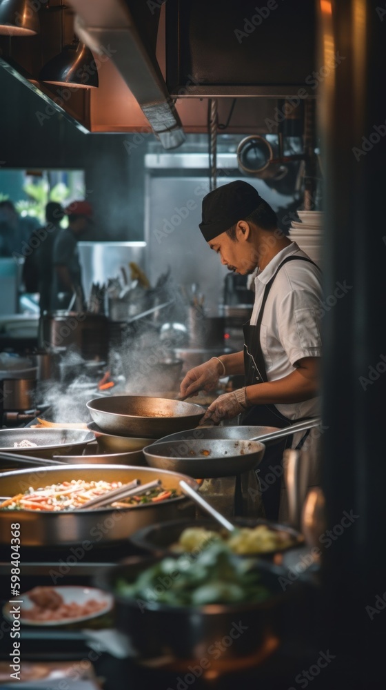 Wall mural A man cooking in a kitchen with a lot of food. AI generative image.