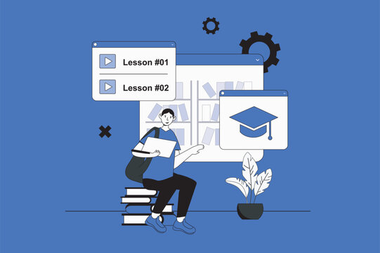 Learning management system web concept with character scene in flat design. People studying at online courses platform with video lessons. Vector illustration for social media marketing material.