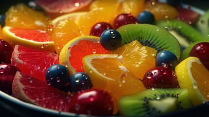 Fototapeta na wymiar Delicious Fresh Juicy Fruit Salad in Bowl on Foody Background AI Generative