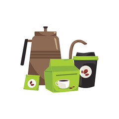 Brew drip coffee supplies and accessories, flat vector illustration isolated.
