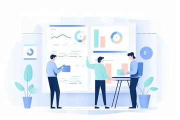 A customer and a consultant working standing on a project, UX design, UI design, Behance contest winner, Figma, Popular on Dribbble, white background With Generative AI technology