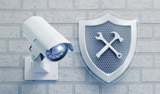 Technical Service for CCTV Cameras. External surveillance camera mounted on a brick wall close to a shield with an icon of crossed work tools. 3D rendering graphics on the theme of Security Technology