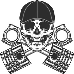 Motorcyclist biker skull in gatsby flat cap and crossed engine pistons service rapair motorcycle, car and truck business in vintage monochrome isolated illustration