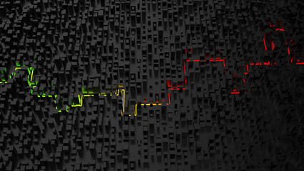 Glowing green and red light trail as a single source of light in dark abstract cityscape