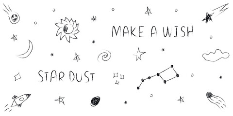 Doodle cosmos illustration set in childish style, design clipart. Hand drawn abstract space elements with lettering. Black and white.