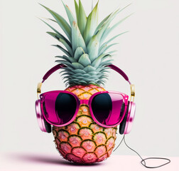 Pineapple wearing pink chrome sunglasses and headphones on a white background isolated