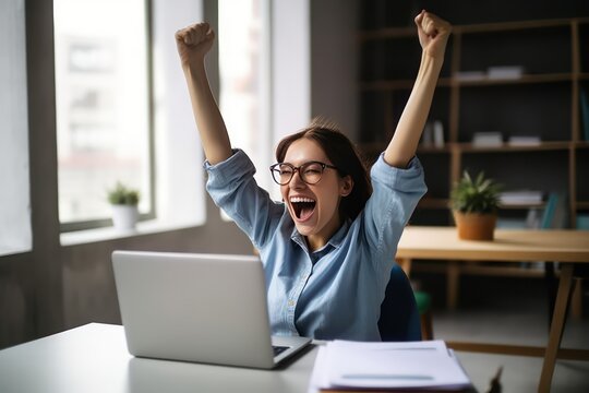 Happy excited young woman student or employee, office worker winner using laptop computer celebrating goal achievement online getting good news in email raising hands feeling euphoric. Generative AI