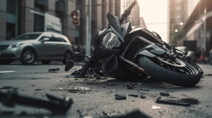 traffic accident motorcycle on the street, broken bike after crash, generative