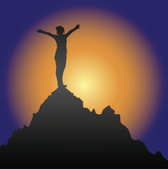 Woman with her arms raised on top of a mountain. Vector illustration of success, victory and joy. - 598406967