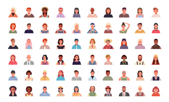 Set of various people avatars. User portraits. Different human face icons. Male and female characters. Smiling men and women. Flat cartoon style vector illustration