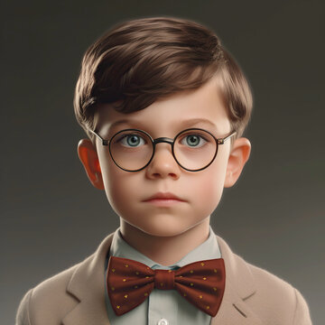 Boy with glasses. Wearing a shirt with a bow tie. Nerd elementary student. Generative AI