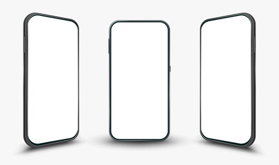 Realistic modern smartphone mockup with clean, minimalistic style. 3d perspective mobile phone frame with blank display. Template for presenting UI, UX mobile designs.
