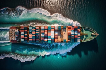 Cargo Container Ship at Sea - Aerial View. AI - obrazy, fototapety, plakaty
